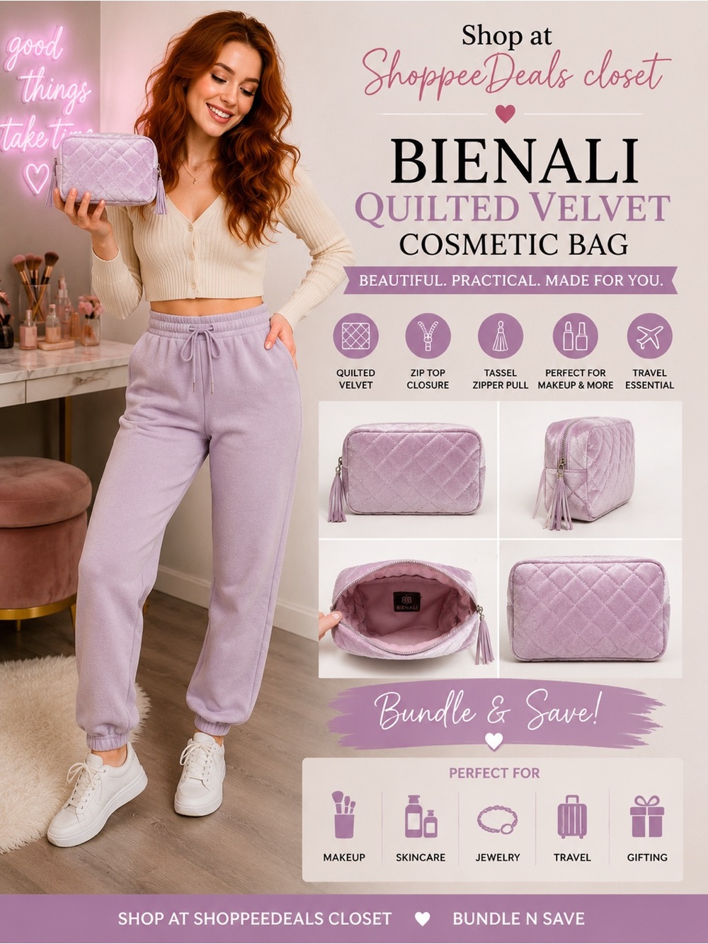 Bienali Quilted Velvet Cosmetic Makeup Bag Lavender Purple Tassel Travel Pouch